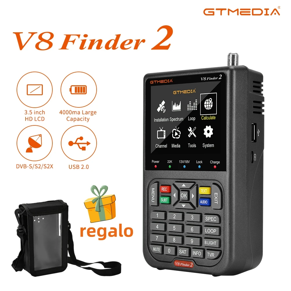 

Портативный прибор для обнаружения спутникового сигнала GTMEDIA V8 Finder2 м с сумкой, цифровой прибор для обнаружения спутникового сигнала с ЖК-дисплеем DVB-S/S2/S2X, HD 1080P, 3,5 дюйма, 7,4 В/4000 мАч, H.264, отправка со склада Чили