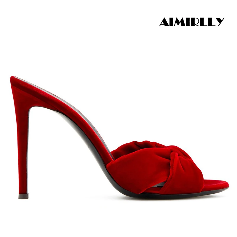 

2024 Fashion Women‘s Slipper Sandals Open Toe High Heels Shoes Velvet Bow Ladies Party Casual Outfit Footwear Slip Onm Red Black
