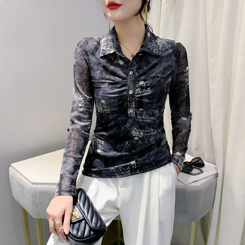 

2023 New Fall Winter European Clothes T-Shirt Fashion Sexy Stand Button Draped Print Blouse Women's Tops Long Sleeve Tees 39163