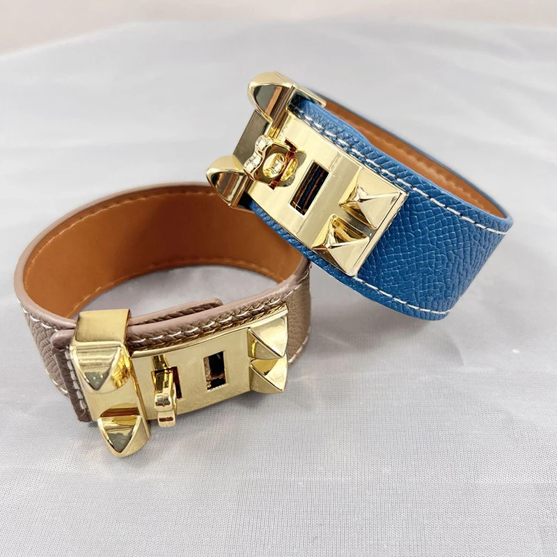 10 Colors Single Layer Leather Circle Gold Plated Rivet Stainless Steel Bracelet For Women Brand Element Jewelry
