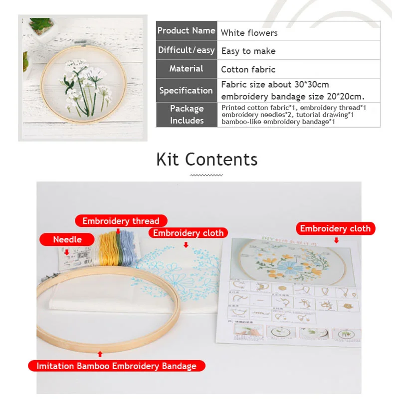 embroidery set DIY embroidery white flowers plants pattern starter kit cross stitch needlework tools handmade craft
