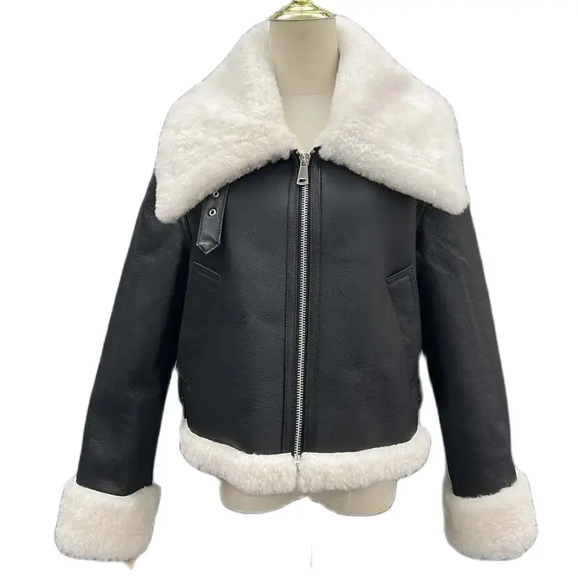 

JANEFUR Shearling Coat Women 2023 Black Fashion Warm Genuine Leather Jacket Streetwear Winter Sheepskin Coat