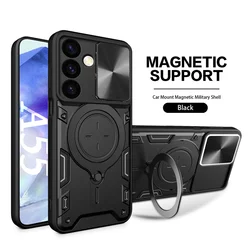 Magnetic Ring Holder Phone Case with Camera Slide Window Protection - A14 5G - A14 4G (Black)