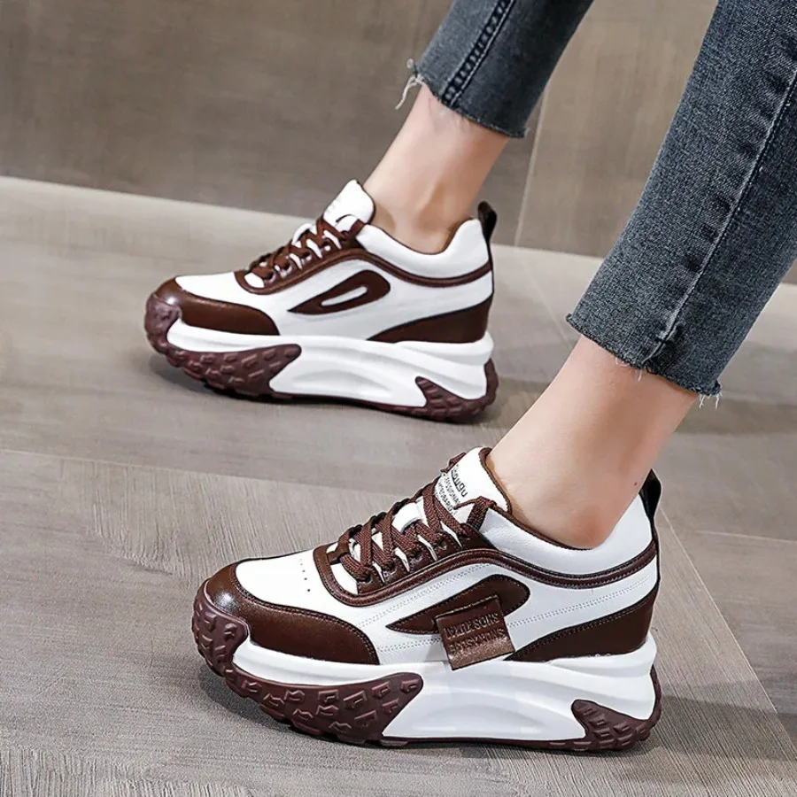 

Krasovki 7cm Genuine Leather Platform Wedge Women Casual Autumn Spring Vulcanize Sneakers Chunky Hidden Heel Mixed Color Shoes