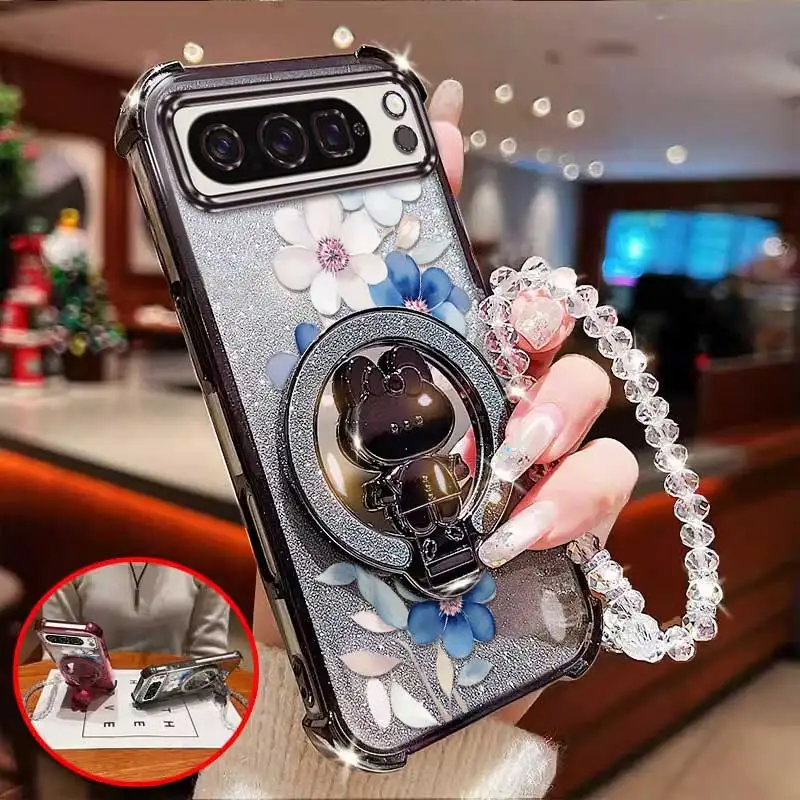 Elegant Floral Phone Case Set with Lanyard and Circular Stand