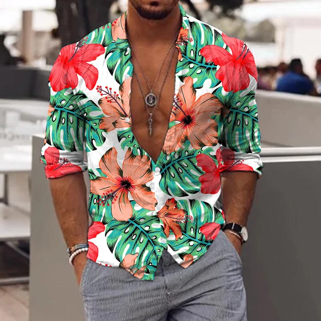Hawaiian Print Long Sleeve Shirts  Floral Printed Men Beach Shirt - Men's  Shirt - Aliexpress