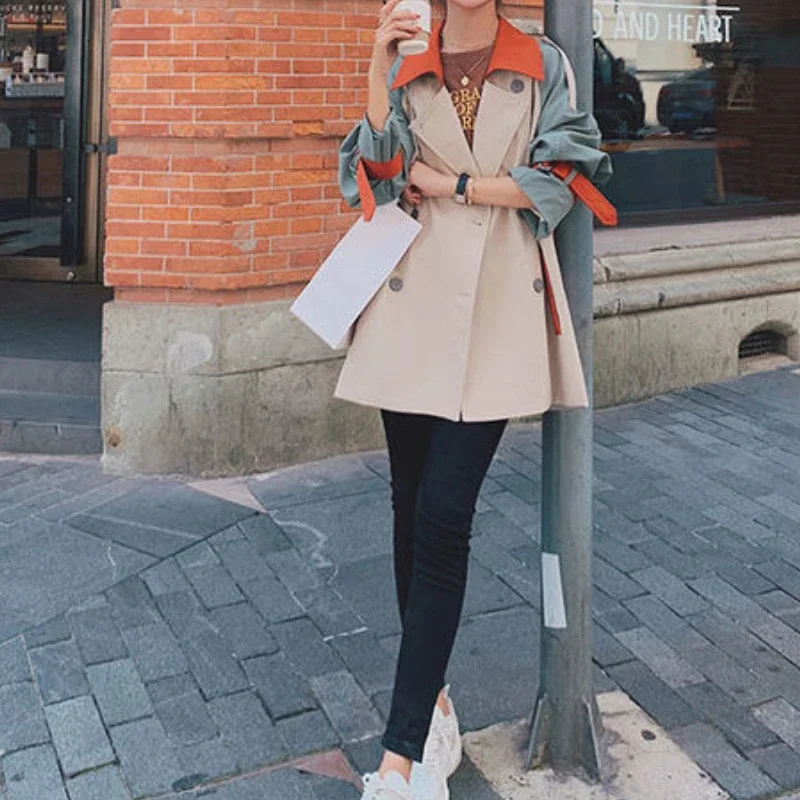 Women Spring Long Contrast Stitched Windbreaker 2024 New Patchwork Trench Windbreaker Casual Lady England Style Jacket Thin Coat