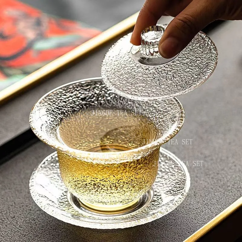 San Cai Gai Bowl Tea Cup 3pcs Set Tea Bowl Kungfu Teaset Glass Thickened Tropical Resistant Lid Tea Bowl Teaset Accessories