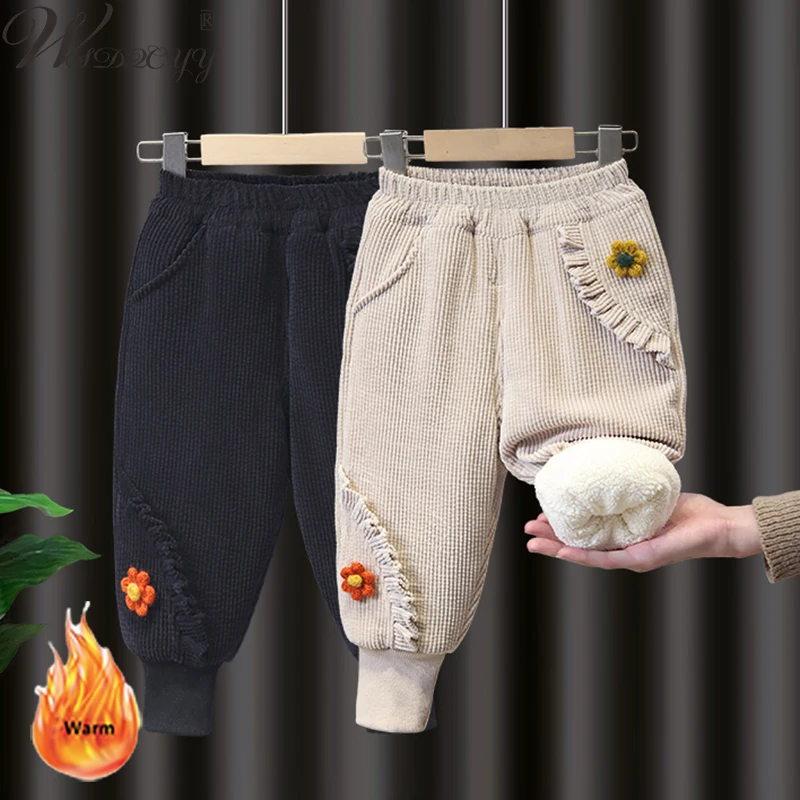 

Plus Velvet Corduroy Kids Harem Pants Fall Winter Lambwool Girls Pants Flower Embroidery Fleece Lined Children Sweatpants Loose