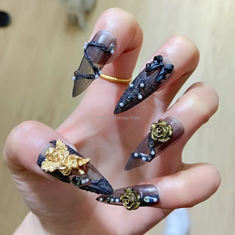 Накладные ногти в готическом стиле с изображением розы ангела, накладные ногти ручной работы с клеем, пользовательские многоразовые накладные ногти, накладные ногти для маникюра