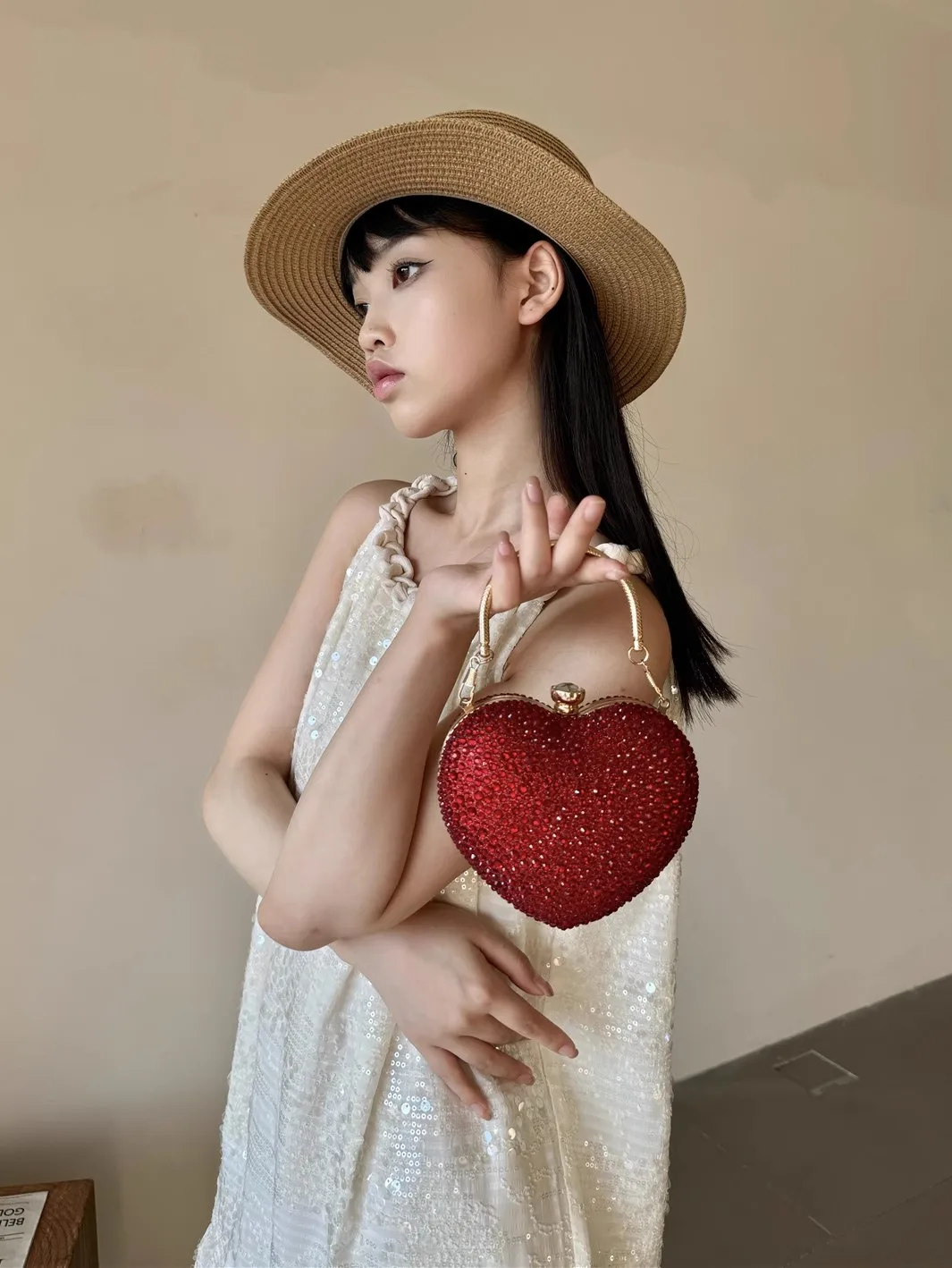 Diamond Inlay Heart Shape Crystal Clutch Purse Stones Evening Wedding Party Shoulder Bags Handle Rhinestone Mini Handbags