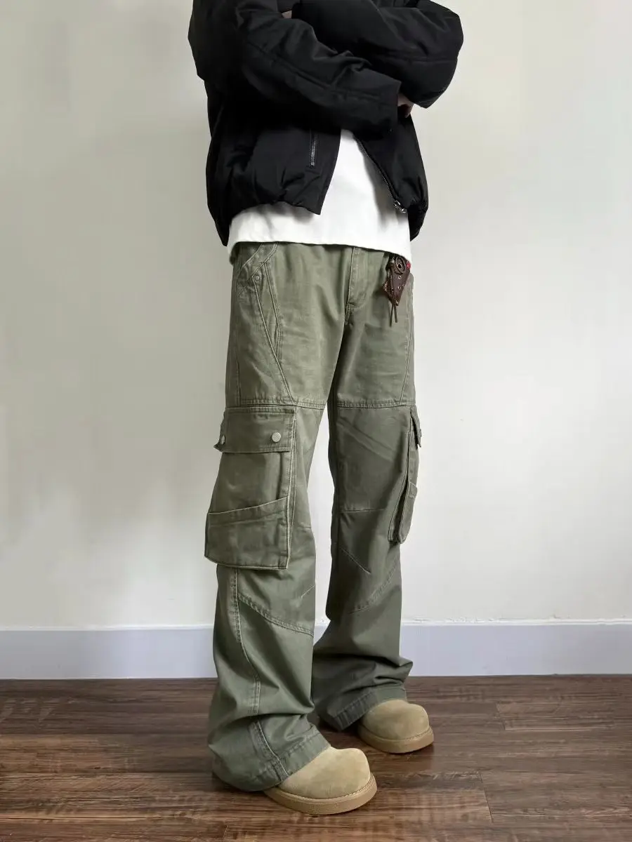 American Decosition Design Men's Work Pants with Multiple kets Straight Leg Bell Bot Waed Vintage Casual Trousers