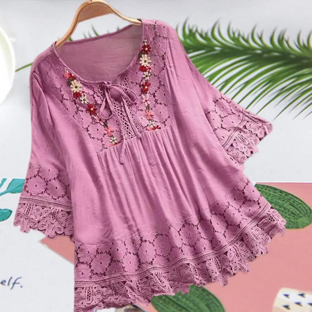 

V-Neck 3/4 Sleeves Lace-up Bow Summer Shirt Loose Fit Vintage Lace Patchwork Embroidery Flower Decor Blouse Female Clothing