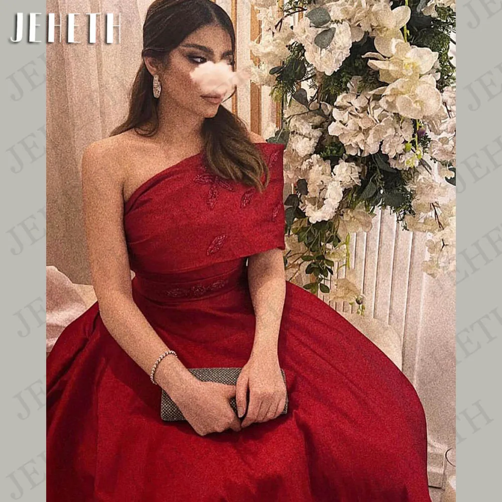 

JEHETH Red One Shoulder Evening Dresses Saudi Arabic Luxury Beaded Satin A Line Formal Prom Wedding Party Dress فستان سهرة نسائي