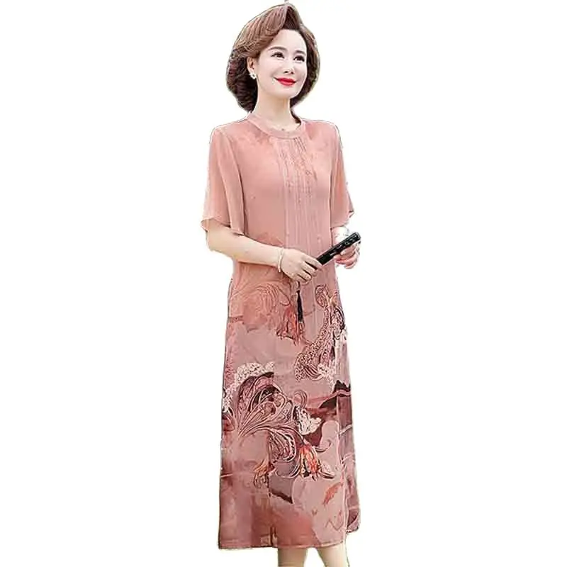 

Women's Summer Fashion Middle-aged Mother Chinese Style Dress Lady Loose Belly-covering Age-reducing Printed Chiffon Skirt Woman