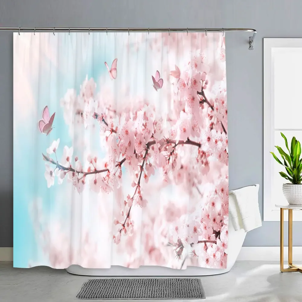 

Популярная Весенняя занавеска для душа с цветами вишни, розовые цветы, бабочки, растения, ландшафт, занавеска для ванной, художественный декор для ванной комнаты