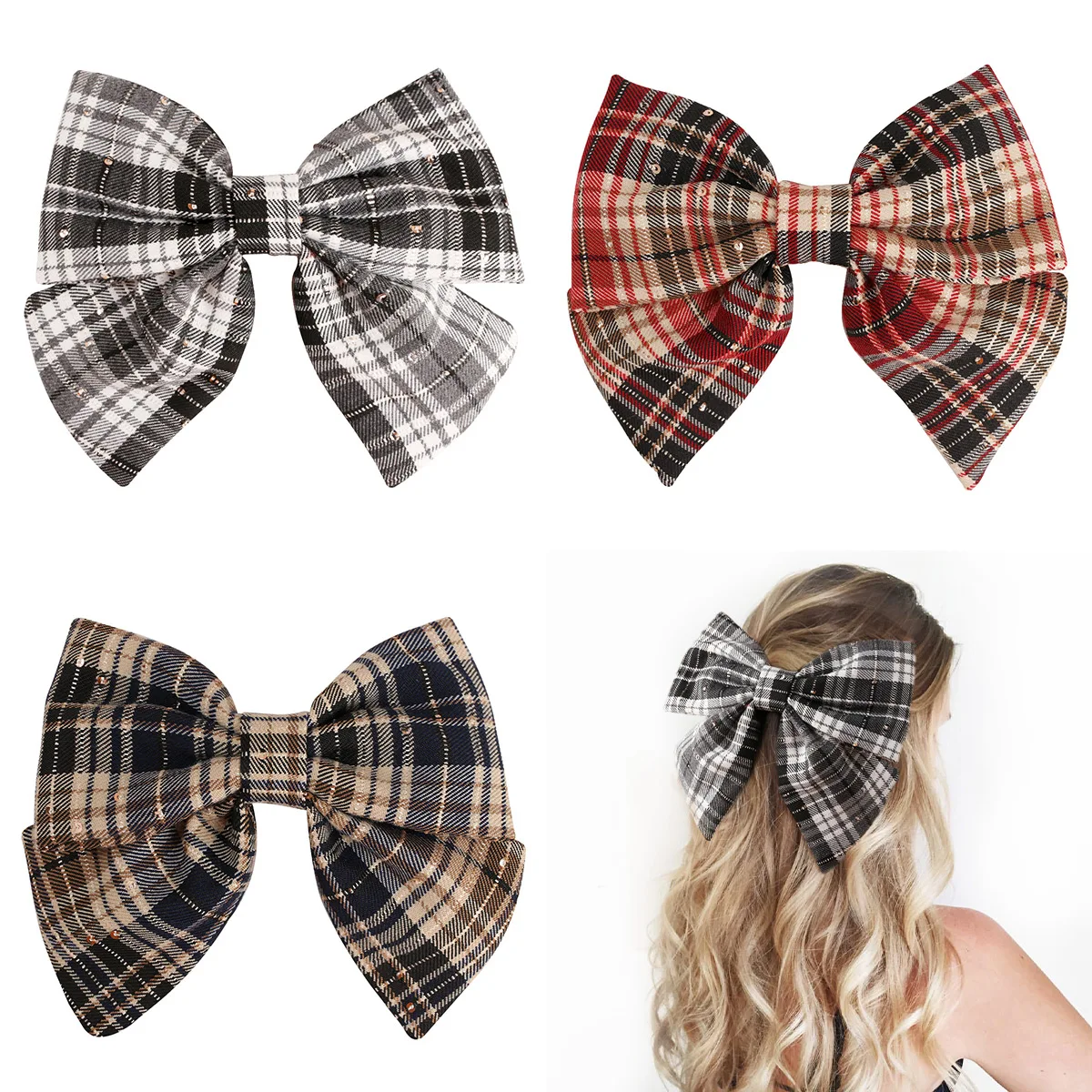 

6" Fabric Plaid Large Bows Hair Clips For Women Crystal Hairpins Bowknot Barrettes Girls Cotton Hairgrips Hair Accessories NEW