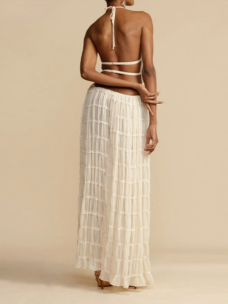 Pleated Crop Tops Long Skirt Suit Women Halter Sleeveless Backless Skirts Set 2024 Summer Ladies Sexy 2 Piece Set Beach Outfit