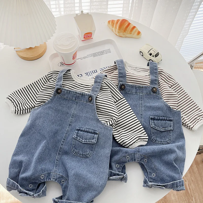 2024 New Autumn Baby Strap Pants Toddler Boys Loose Fit Blue Rompers Infant Girls Outwear Denim Blue Trousers 1