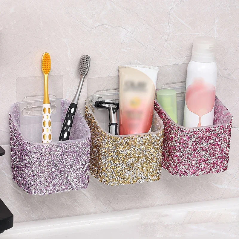 Luxury Rhinestone Wall Mounted Toothbrush Holder Bathroom Storage Holder Non Perforated Toothpaste Kitchen Accessories