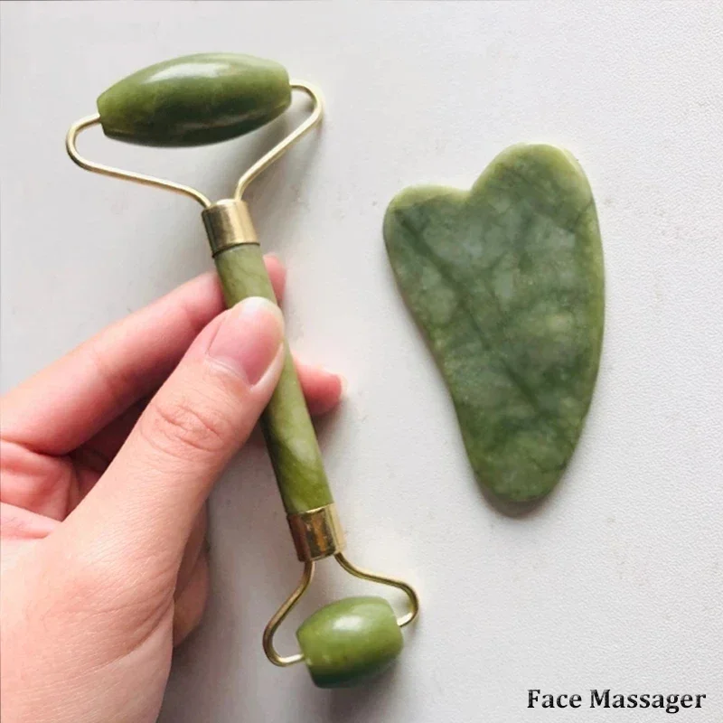 Jade Roller and Guasha Kit 2 in 1 Jade Roller Facial Massage Tool Set Natural Stone Face Massager Guasha Massage Board Scraper