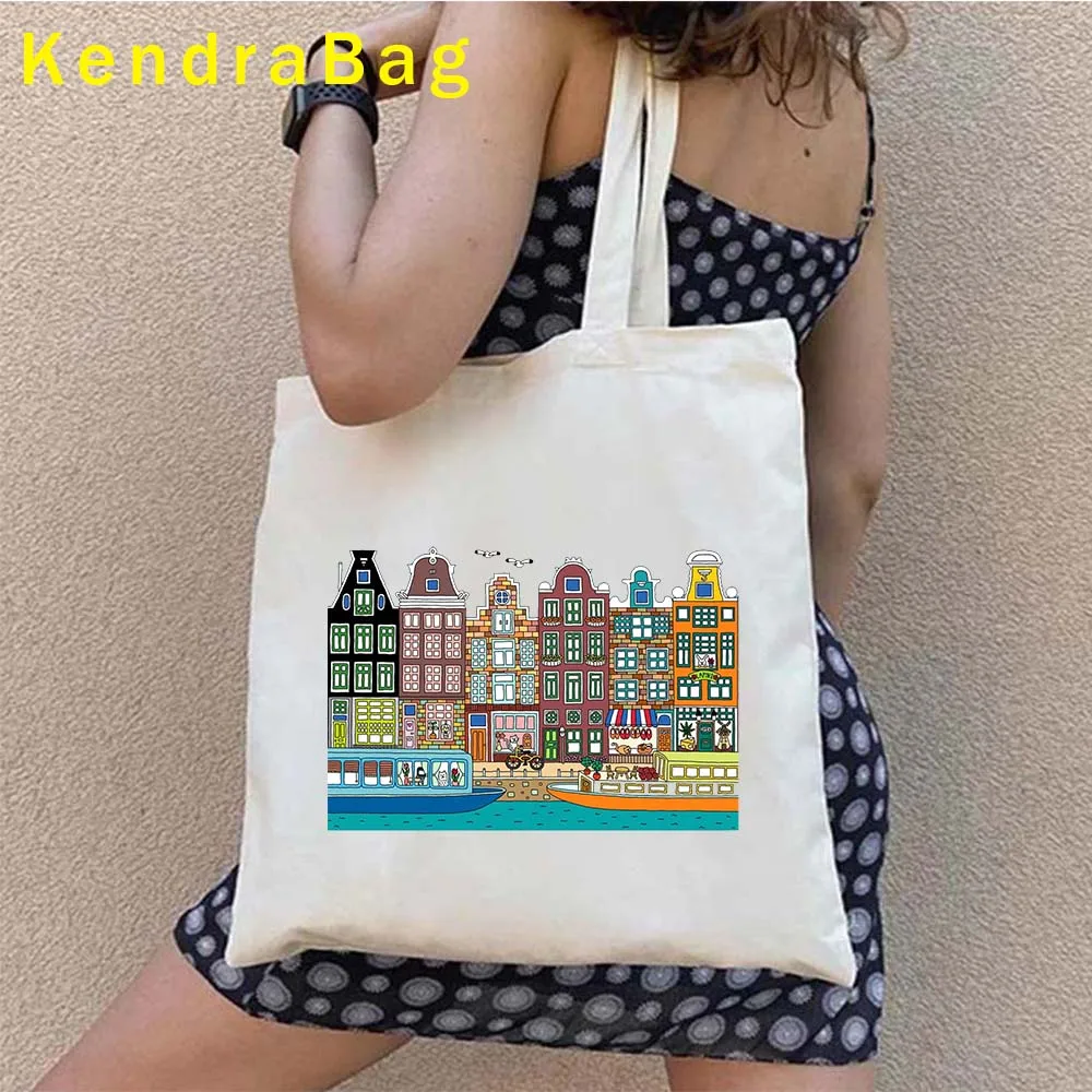 Amsterdam Canal Houses Skyline Landmark Netherlands Windmill Holland Vintage Travel Shopper Harajuku Canvas Tote Bag Eco Handbag 4