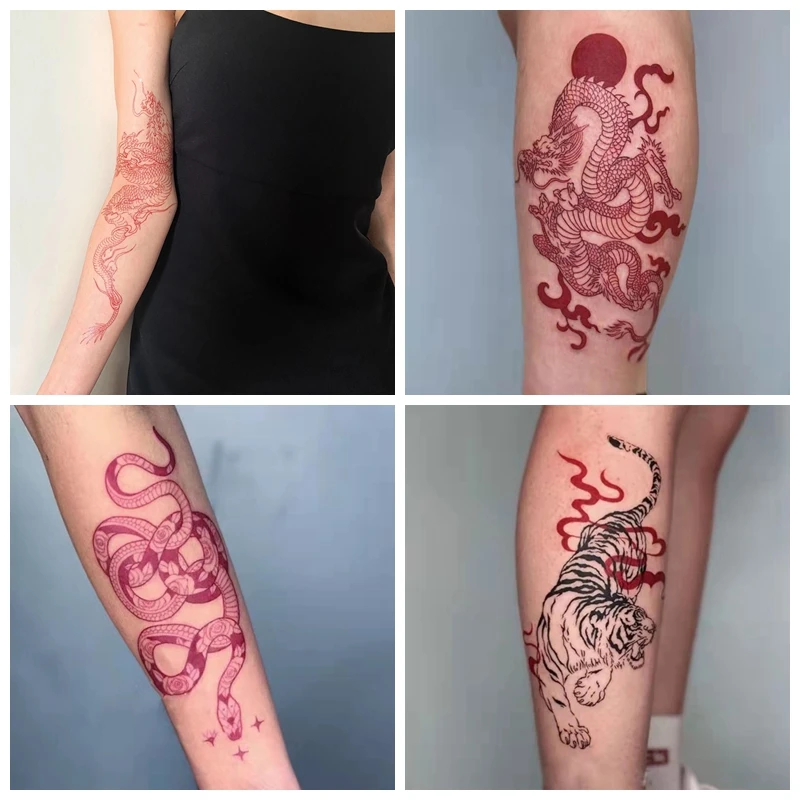 New Red Black Dragon Tatoo Sticker Waterproof Men And Women Tiger Snake  Bird Flower Arm Temporary Fake Tattoo Art Fashion Tattoo - Temporary Tattoos  - AliExpress