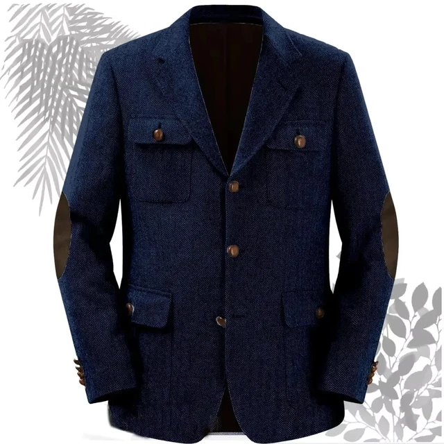 1 Pieces Navt Blue Tweed Wool Herringbone Jacket Single Breasted Wedding Slim Fit Men Suit Blazer Sets Luxury Coat For Men 1