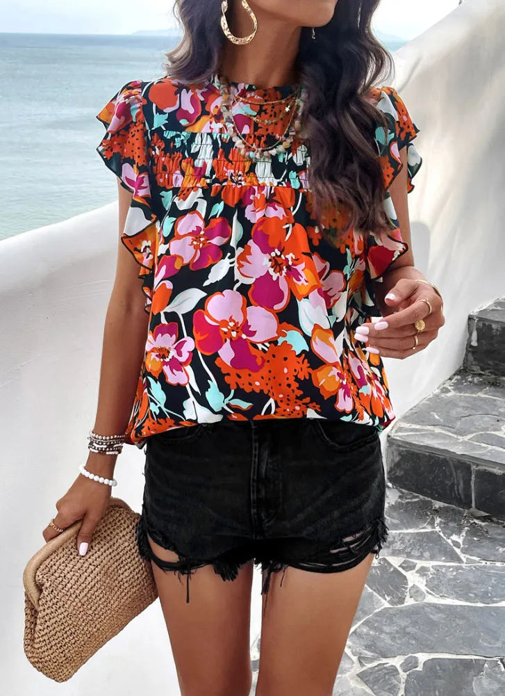 Women Mock Neck Blouse Sleeveless Casual Loose Pullover Shirt Boho Style Floral Printing Ruffled Tunic Tops