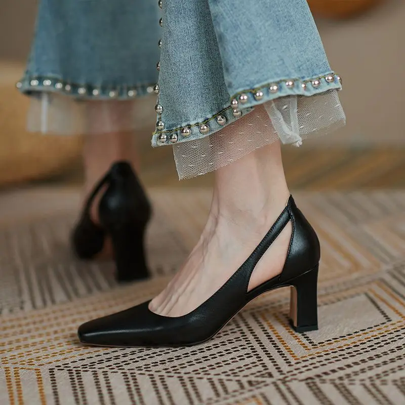 Office Ladies Summer Footwear High Heels Pumps On Heeled Square Toe Shoes For Women 2024 Fashion Leather Casual Slip A Vacation 6
