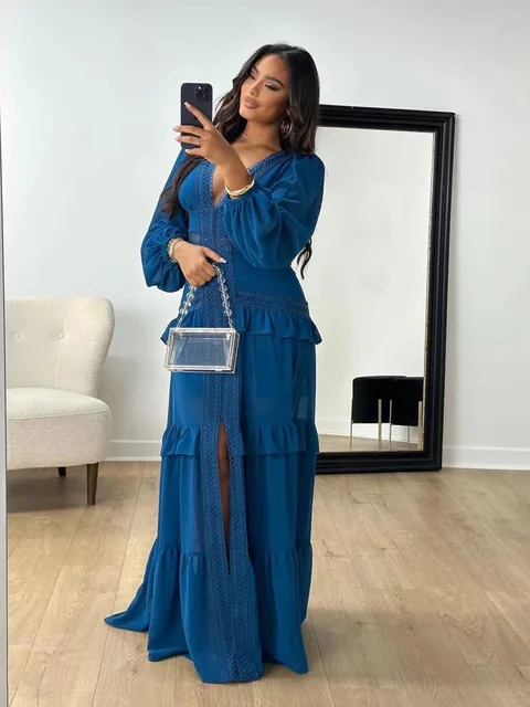 112715-e3cb71.jpg Robe Maxi élégante pour femmes, à volants, manches longues, ajourée, robes de soirée, Chic, vert, bleu, violet, nouveau, vacances d'été