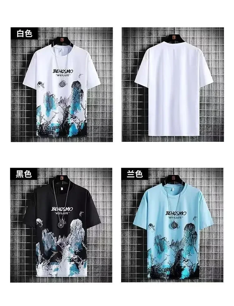 2024 Men's Spring and Summer Thin Tie Dye Short Sleeve Chinese Style Landscape Painting Round Neck Casual Suit