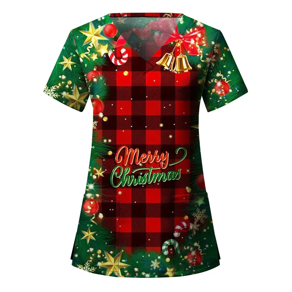 thumbnail image 1 of Uniforme de enfermera navideño para mujer, mono con cuello en V y manga corta con estampado de copos de nieve navideños, uniforme de trabajo médico para el cuidado de la salud, 1 of 5