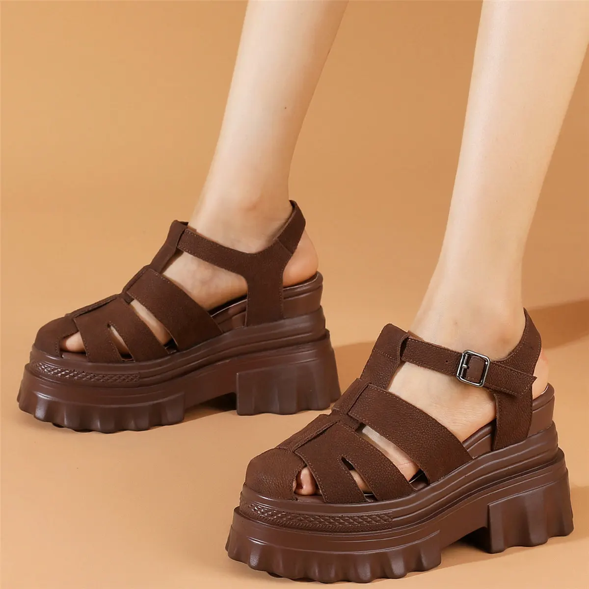 2022 Fashion Sneakers Women Back Strap Genuine Leather High Heel Gladiator Sandals Female Round Toe Platform Pumps Casual Shoes