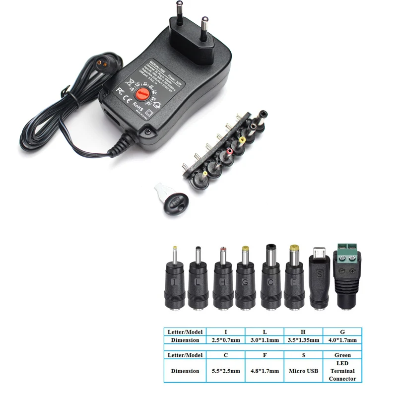 

AC DC Adjustable Power Supply Source 3V 4.5V 5V 7.5V 9V 12V Various Voltage With 6 Connector Adapter Plug 8PCS Connect Female