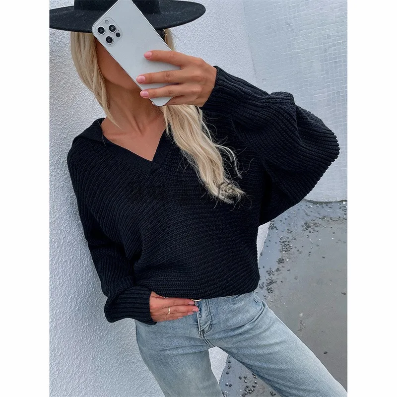 

Fall/winter pullover loose European and American long-sleeved knitted sweater women's V-neck sweater women