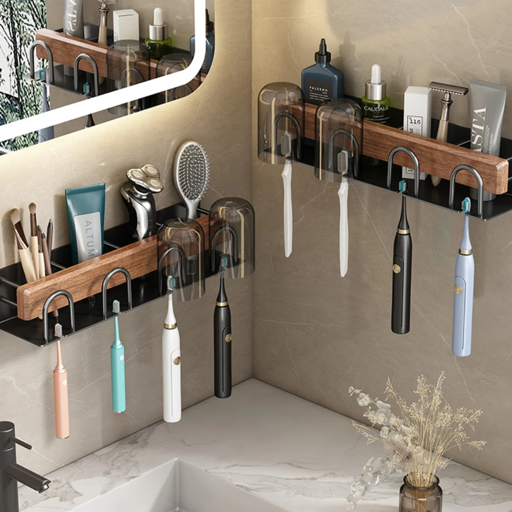 No-Punch Wood Bathroom Toothbrush Holder Tooth Cup Holder Bathroom Mouthwash Cup Holder Toothpaste Toothbrush shelf organizer 2