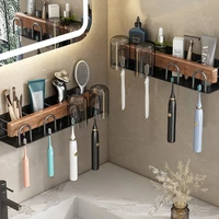 No-Punch Wood Bathroom Toothbrush Holder Tooth Cup Holder Bathroom Mouthwash Cup Holder Toothpaste Toothbrush shelf organizer 2