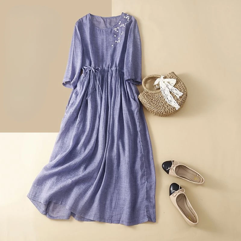 

Women 2024 Summer Fashion Retro Floral Embroidery Long Dress Female Cotton Linen Loose Dresses Ladies O-neck A-line Vestidos V28
