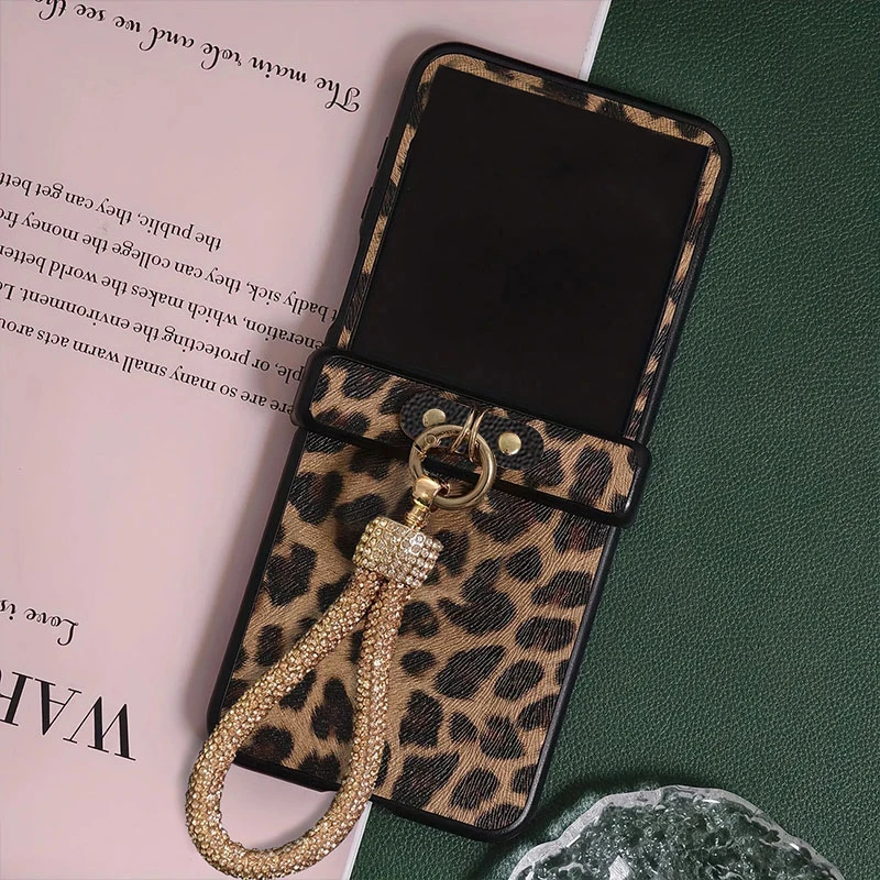 Luxury Leopard Leather Diamond-Plated Strap Phone Case with Hard PC Back Cover