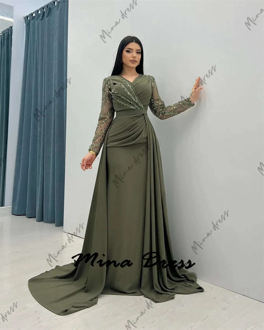 Mina Customized Beaded V Neck Lace Evening Gown Formal Occasion Elegant Wedding Evening Gown Bridesmaid Dress Woman Dresses Gala 3