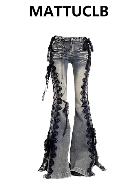 Women Dark Academia Goblin Core Harajuku Y2K Low Rise Lace Jeans Abi Denim Flare Pants Bell-Bottom Y2k Japanese Goth Gyaru Kpop