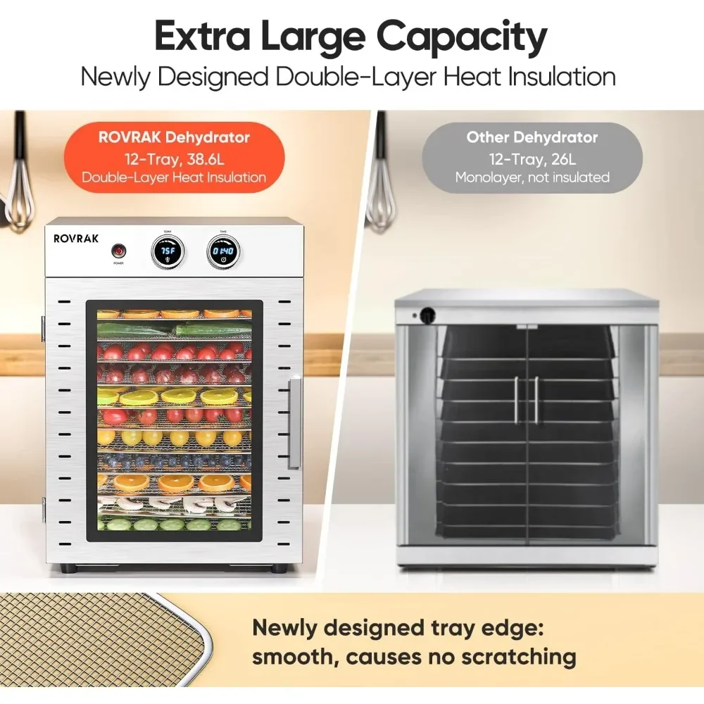 Fruit, Meat, Herbs, 12-Tray Stainless Steel Dehydrator Machine, Double-Layer Insulation, Adjustable Timer
