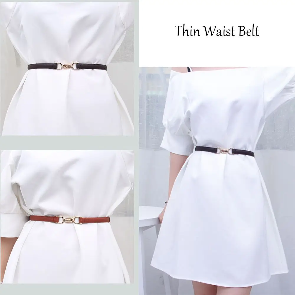 Gold Color Buckle Adjustable Faux PU Leather Decorative Dress Skinny Waist Belts Women Thin Strap Waistband