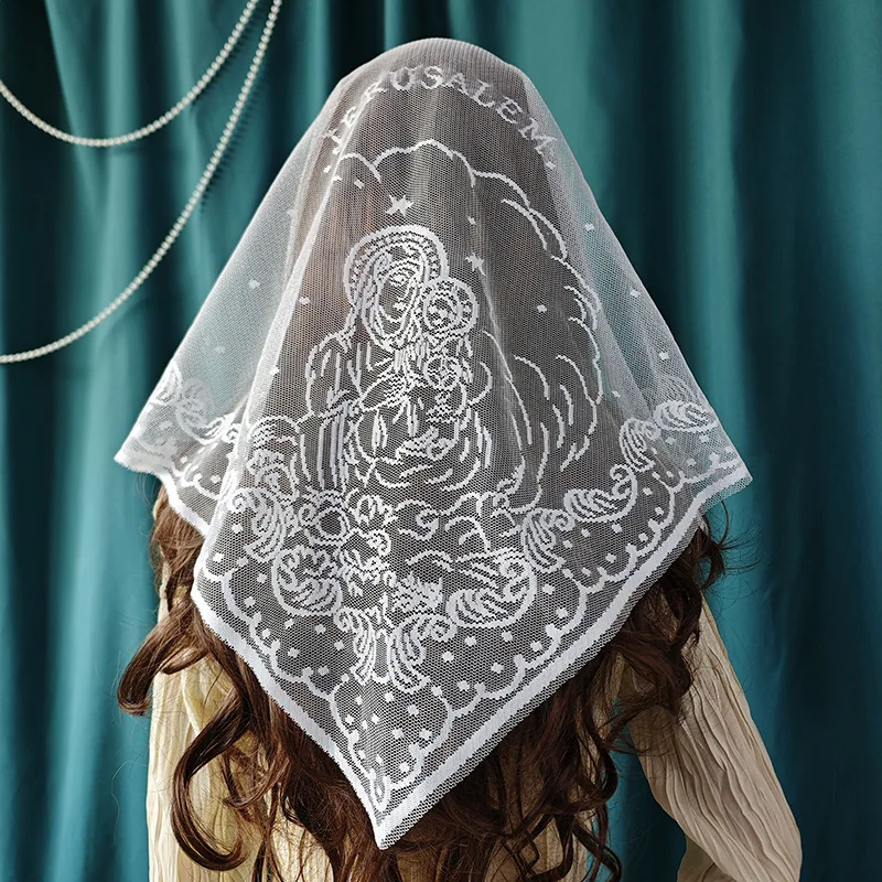 Lace Triangular Shawl with Virgin Embroidery 1