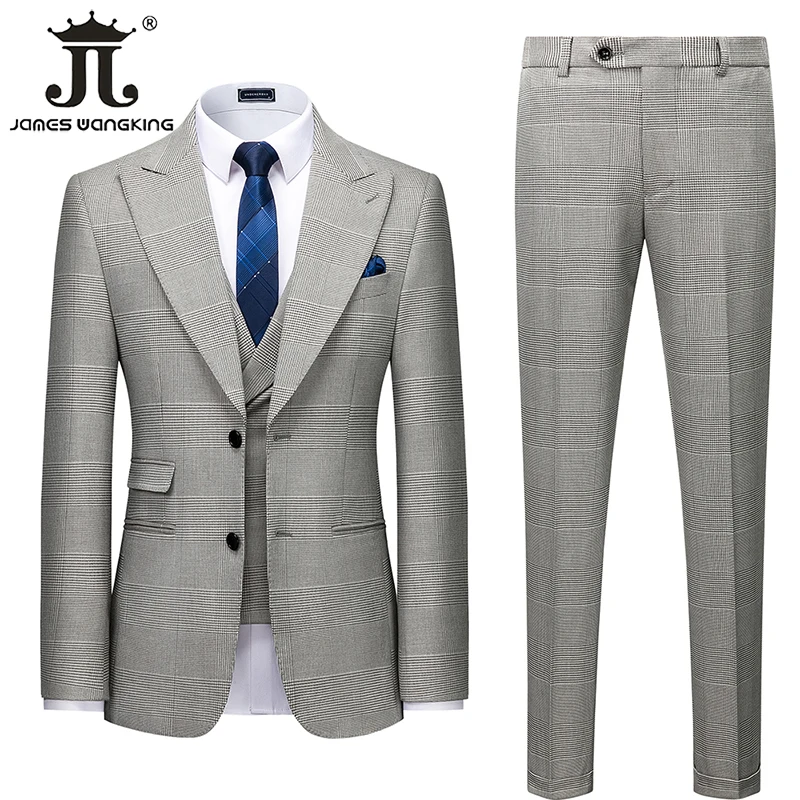 ( Blazer + Vest + Pants ) High -end Brand Classic Plaid Men's Official Business Suit 3 Piece Wedding Dress Party Stage Host Suit