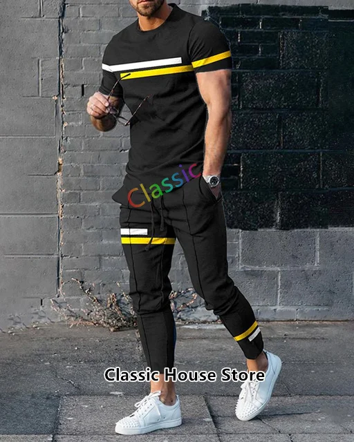 2 Piece Set Outfits Men's Trousers Tracksuit Summer Jogger Sportswear Stripe Print Casual T-Shirt Street Fashion Men's Clothes