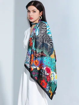 Sciarpa di seta quadrata di marca di lusso Sciarpe Hijab con stampa in raso da donna Pareo musulmano Bandana Scialle femminile Fascia avvolgente Foulard 90 * 90 cm 1