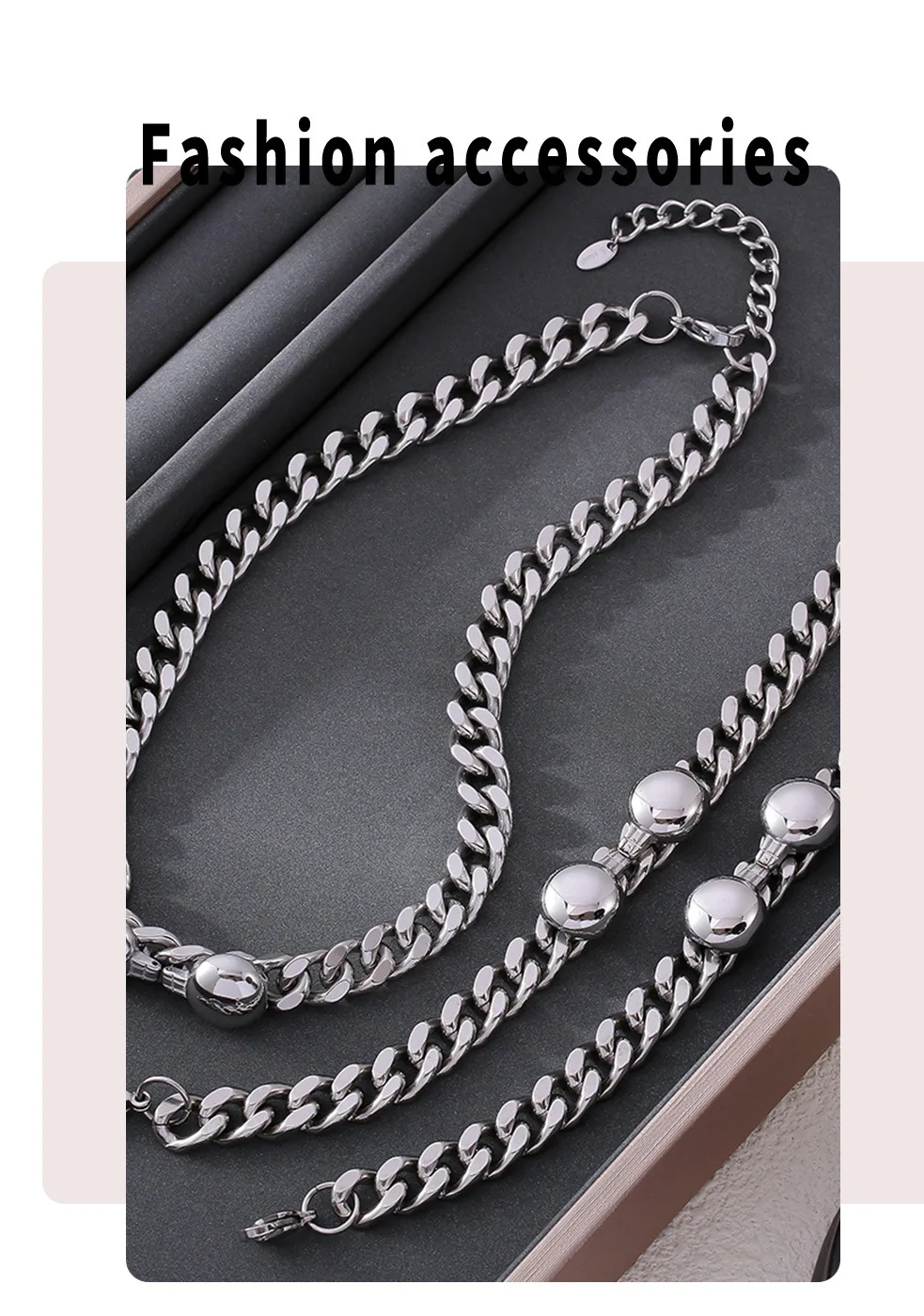 316 Edelstahl Ovaler Anhänger Armband Halskette Set Damen Silberfarben Dicke Kette Hip-Hop-Stil Schmuck Accessoires – Detail 4
