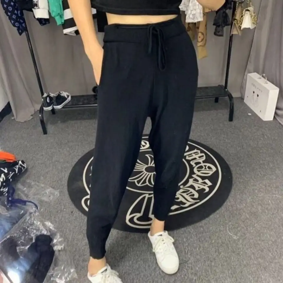 

Limiguyue Autumn Winter Ankle-Length Pants Women Knitted Harem Trousers Elastic Waist Drawstring Casual Black Streetwear U835
